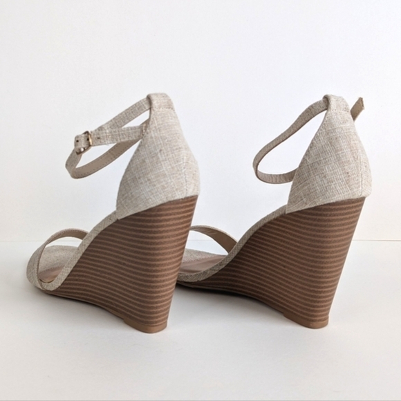 JustFab Liota Sandal Ankle Strap Stacked Heel Open Toe Linen Natural Beige sz 10 - Picture 3 of 12